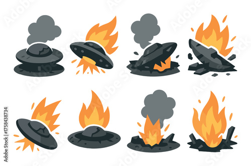 Cartoon ufo crash sequence with fire and smoke in various stages