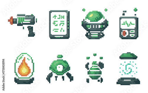 Retro sci-fi pixel art: alien blaster, green helmet, sci-fi gadgets