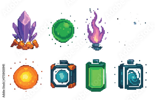 Pixel art magical items collection with crystals, orbs, and potions