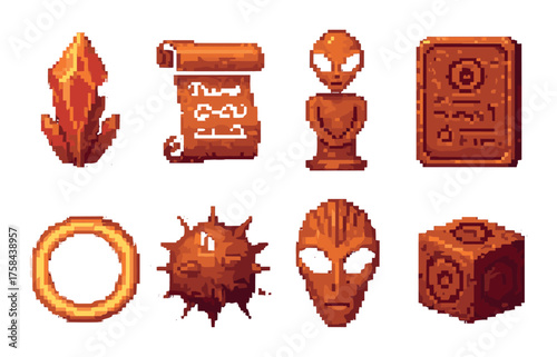 Pixel art collection of ancient relics and mysterious artifacts