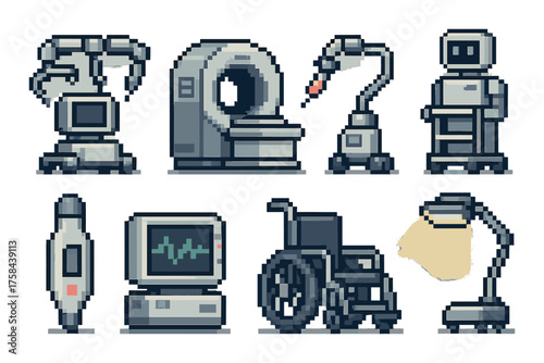 Retro pixel art of medical equipment: mri, robot, monitor, wheelchair, lamp