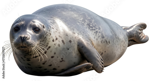 Seal lying down, side view, smooth wet skin, photo-realistic lighting, transparent background.