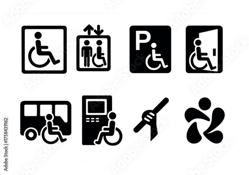 Wheelchair accessibility icons: transport, parking, elevator, assistance