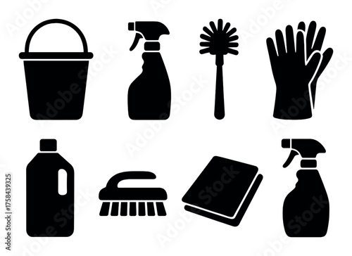 Silhouette of cleaning tools: spray bottles, brush, gloves, bucket, and detergent