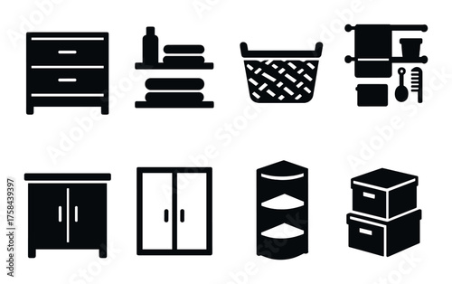 Black silhouette icons of furniture and storage items on dark background