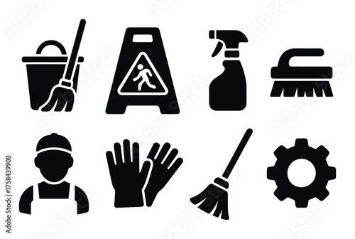 Silhouettes of cleaning tools and worker icons on dark background