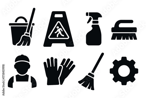 Cleaning tools and safety equipment icons on dark background