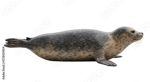 Seal lying down, side view, smooth wet skin, photo-realistic lighting, transparent background.