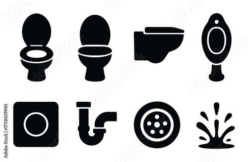 Black bathroom symbols: toilets, urinal, plumbing, and drain icons