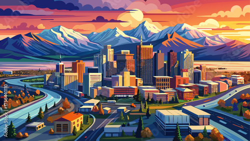 Very beautiful aerial view of downtown Anchorage, Alaska, USA, at sunset in spring, showing city buildings bathed in golden light, surrounding mountains, and reflective waterways, capturing the 