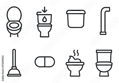 Set of bathroom and toilet icons with flush, plunger, and sink on dark background