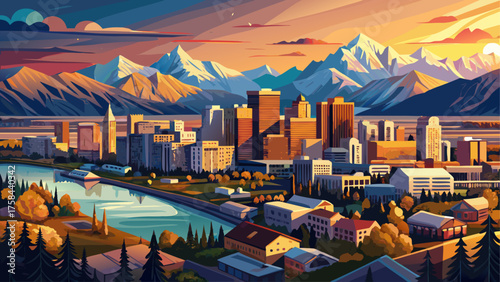 Very beautiful aerial view of downtown Anchorage, Alaska, USA, at sunset in spring, showing city buildings bathed in golden light, surrounding mountains, and reflective waterways, capturing the 