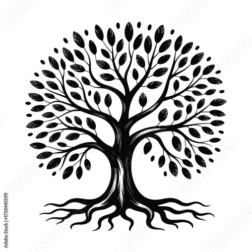 Striking black and white tree of life illustration vector art for sale silhouette