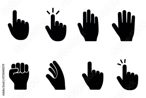 Set of hand gesture silhouettes featuring various gestures and poses