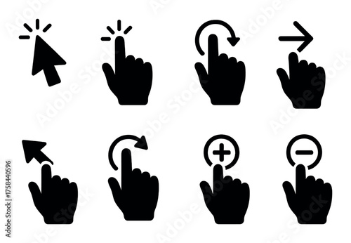 Set of black hand cursor icons for interaction and navigation
