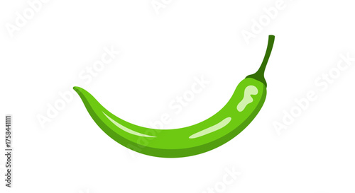 A vibrant green chili pepper with a slight curve and a pointed tip rests on a white background.