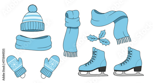 Light blue winter clothing and ice skates with a holly leaf accessory.