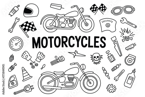 Black and white hand-drawn motorcycle illustration vector scalable eps icon set silhouette