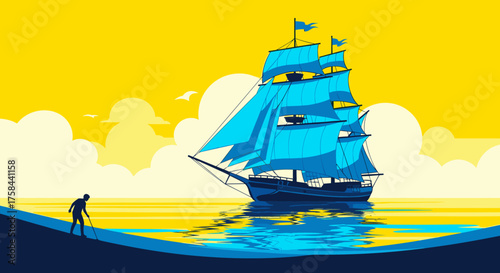 A lone figure on a shore watches a majestic sailing ship with blue sails on the ocean.