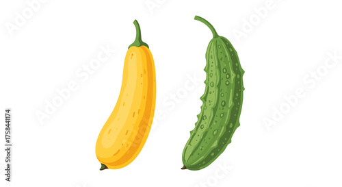 A single yellow zucchini next to a single green bumpy cucumber on a white background.