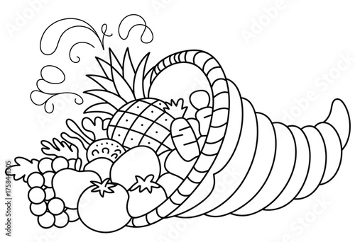 Cornucopia filled with fruits and vegetables black and white vector illustration scalable eps for harvest and thanksgiving silhouette