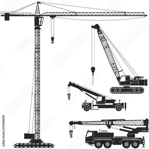 Scalable vector eps illustration of construction cranes for industrial projects and engineering design silhouette