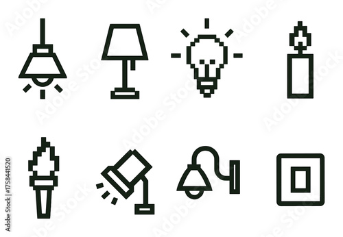 Pixel art lighting icons: lamp, bulb, candle, torch set