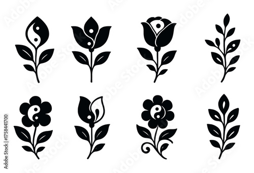 Yin yang floral designs on olive green background