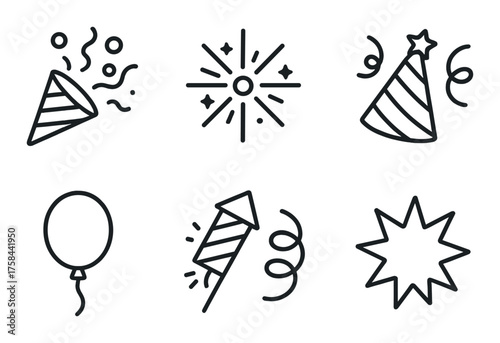 Celebration icons set: party popper, balloon, firework, starburst