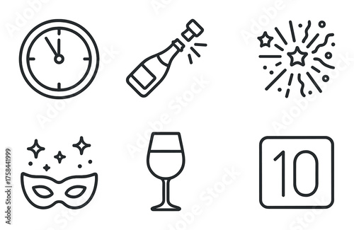 New year celebration icons: clock, champagne, fireworks, mask, wine, calendar