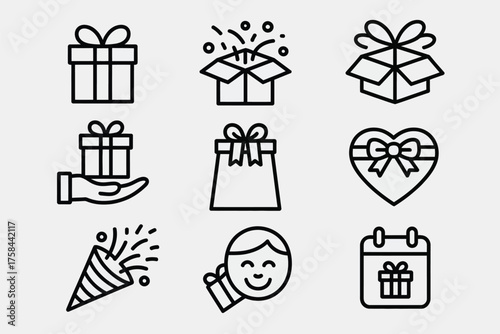 Elegant black line art gift icons set vector graphics scalable eps for declarative designs silhouette