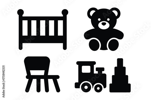 Four silhouette icons set baby nursery items crib teddy bear chair toy train vector illustration silhouette