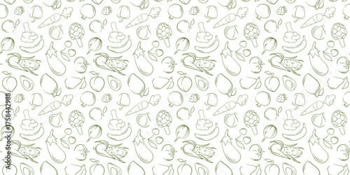 Seamless pattern with line art style fruit and vegetable on white background. Design for healthy food package, organic farm fresh produce theme.