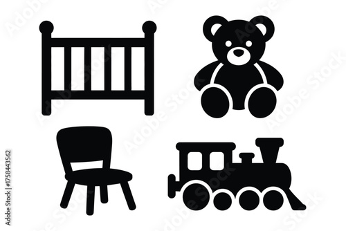 Set of four black and white icons depicting baby crib teddy bear chair and toy train vector illustration silhouette