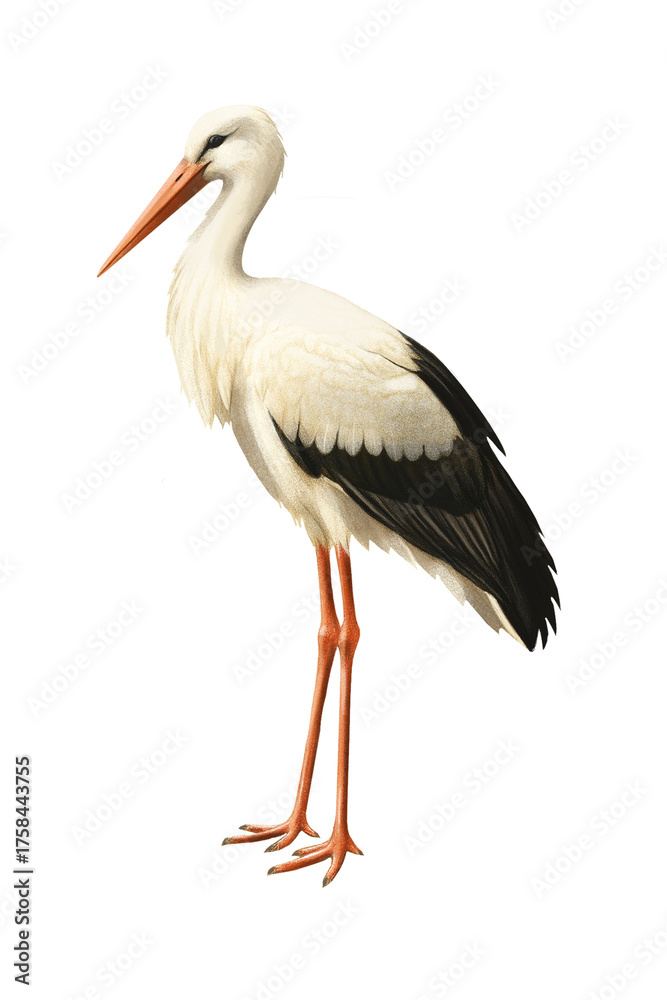 Fototapeta premium White Stork Birds, Pastel Isolated Stork, Ornithology Art, Elegant Water Bird Art for Nature Decor and Wildlife Design