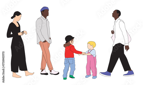 Group of people in line art and colors - hand drawn vector file - diverse people and kids holding hands 