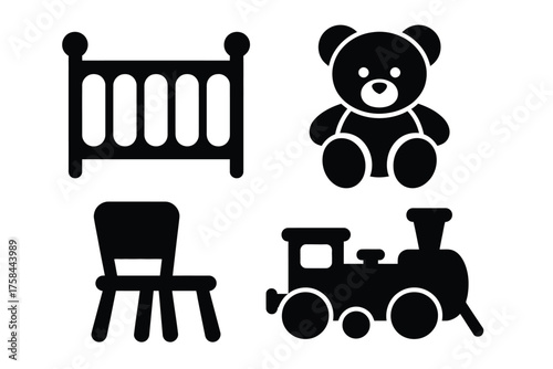 Four elegant black and white icons for baby room decor vector graphics scalable eps silhouette