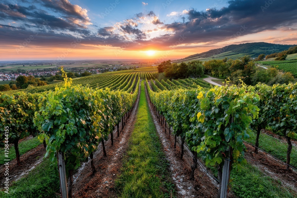 Fototapeta premium Sunset over lush green vineyard rows and distant village