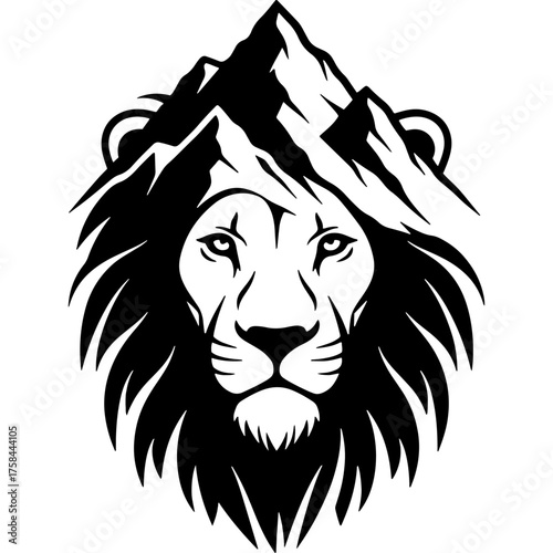 Creative art of a lion's face and mountains in a double exposure style. An artistic representation of wild nature and spiritual power. Perfect for t-shirt prints or tattoo designs.