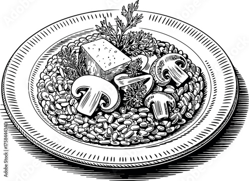This elegant black and white illustration presents a delicious plate of risotto, generously topped with sliced mushrooms, a block of tofu, and fresh parsley for garnish. 