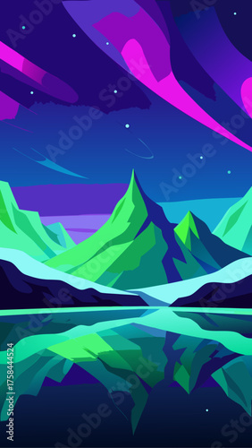 Stylized landscape featuring green mountains reflected in water under a starry sky with aurora borealis