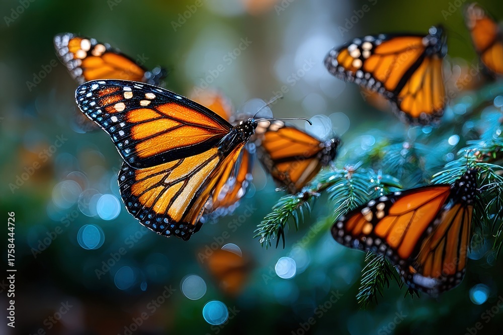 Obraz premium Monarch Butterflies Fluttering Around Green Leaves