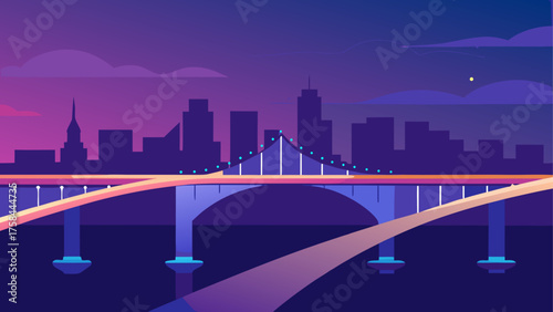A bridge over water with a city skyline in the background under a purple and pink sky at night time