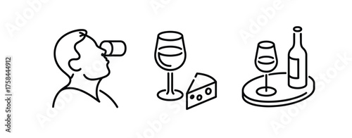 Minimalist line art illustration of wine tasting and enjoyment scenes in eps format silhouette