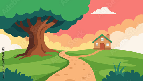 Illustration of a cartoon house on a hill with a tree and a path leading to it on a cloudy sky background