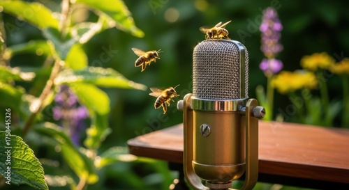 Bees hover around a vintage microphone placed on a wooden surface, with a blurred garden backdrop.