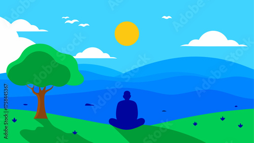 Illustration of a person meditating in nature with mountains sun clouds and a tree in the background scene