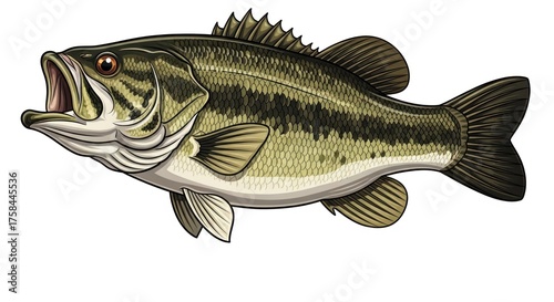 Illustration of a largemouth bass fish with its mouth open, showcasing its distinctive markings and fins.