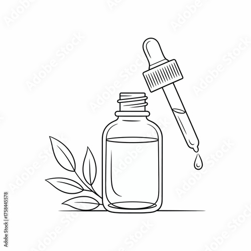Delicate black and white line art illustration of a dropper bottle and plant sprig vector graphic silhouette