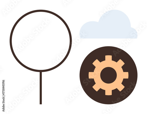Tree outline, cloud shape, and gear combine to symbolize environmental balance, innovation, and networking. Ideal for sustainability, technology, ecology, teamwork creativity modernity simple flat